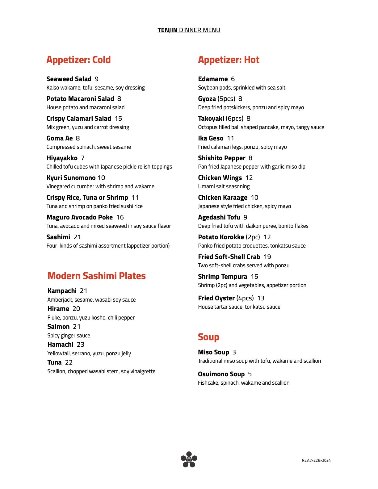 Dinner menu — Tenjin Restaurant | Lincolnwood Japanese Restaurant
